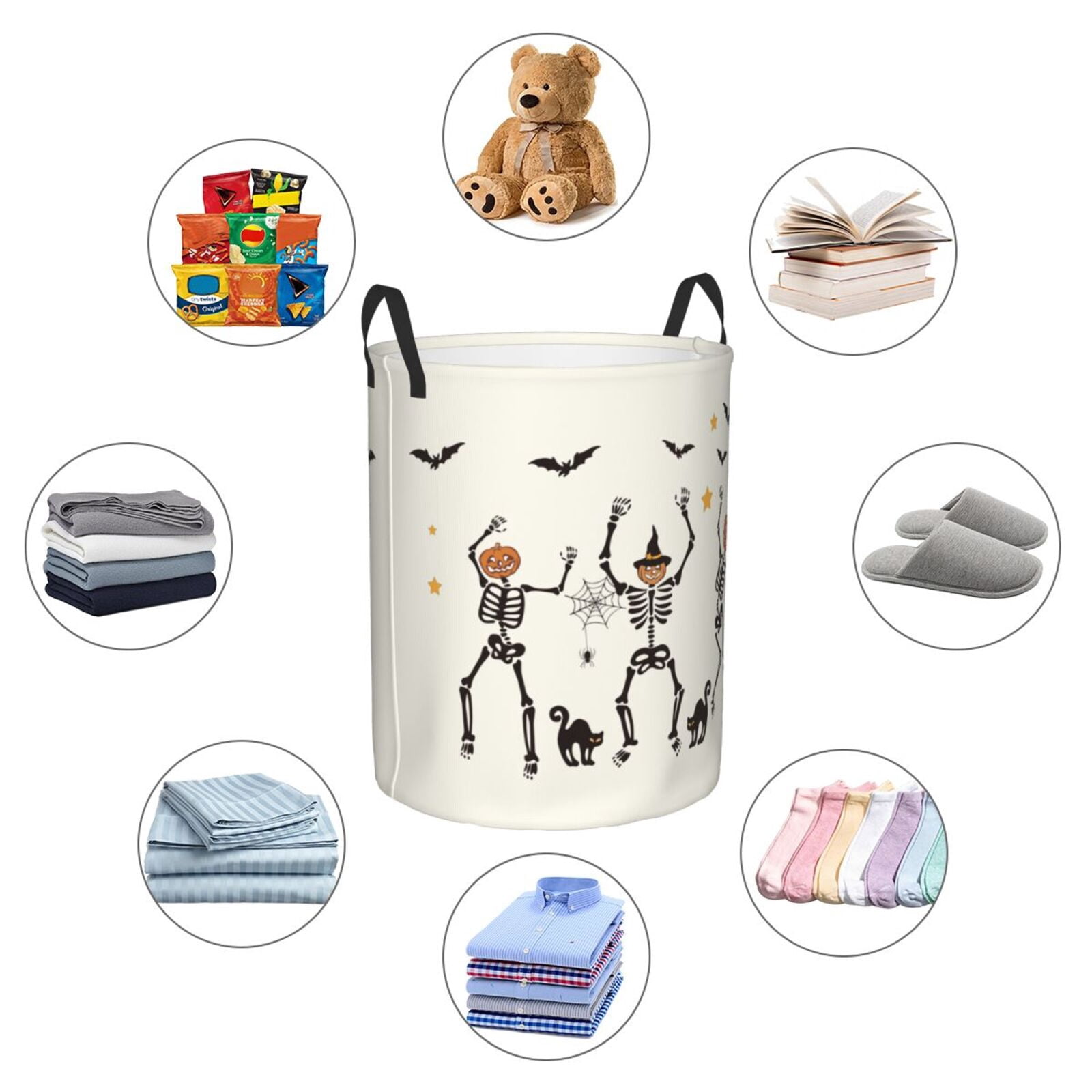 Large Laundry Basket with Handles - Halloween Dancing Funny Skull Kids Baby Dirty Clothes Laundry Hamper for Bedroom Aesthetic