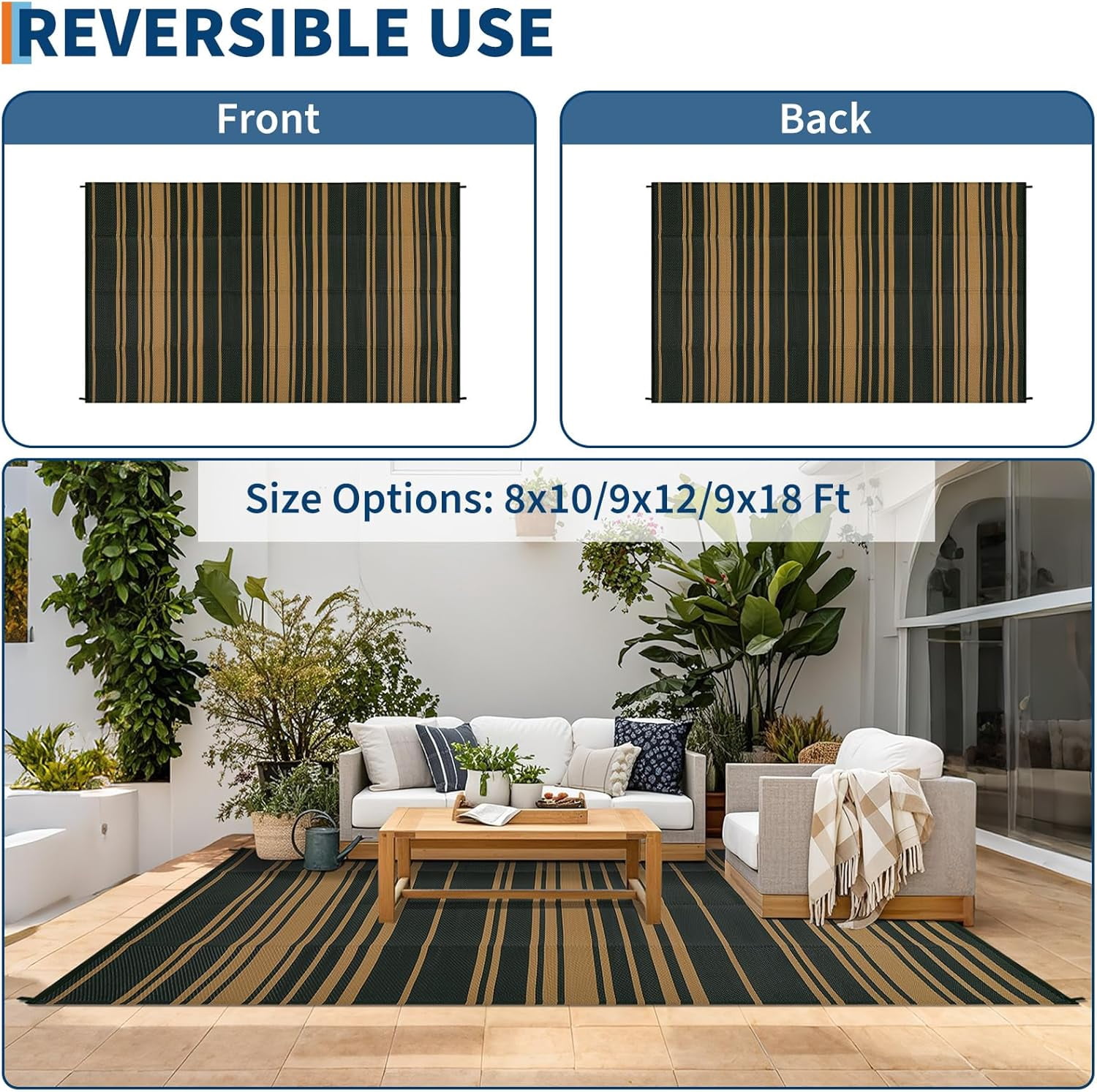 Outdoor Rug for Patio,Waterproof Mat,Reversible Plastic Striped Camping Rugs for RV,Porch,Deck,Camper,Balcony,Backyard,Beach