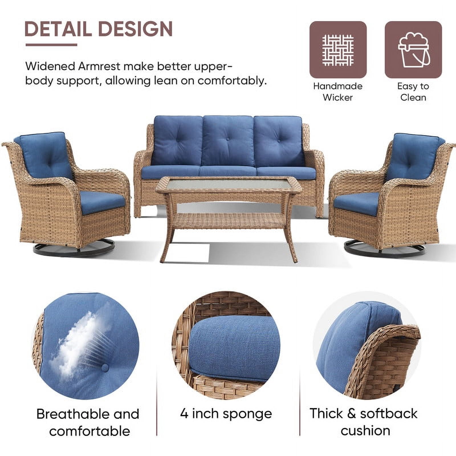 PARKWELL 4 Pieces Outdoor Patio Furniture Set Wicker Rattan Swivel Glider Chairs Cushioned Sofa Coffee Table All-Weather Conversation Sectional with Anti-Slip Cushions for Balcony