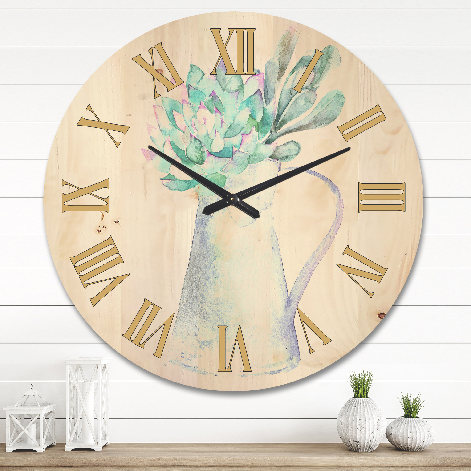 Designart 'Succulent Home Plant In Jug' Traditional Wood Wall Clock