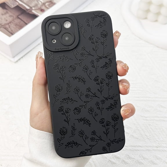 for iPhone 15 Plus Case, Flower Aesthetic Black Floral Cute Flower Branch Pattern Case for Women Girls, Soft Slim Fit Matte TPU Shockproof Protective Cover, Black