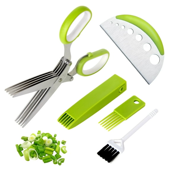 Herb Scissors With 5 Blades and Cover - Multipurpose Kitchen Shears for Cutting and Stripping - Dishwasher Safe, Green