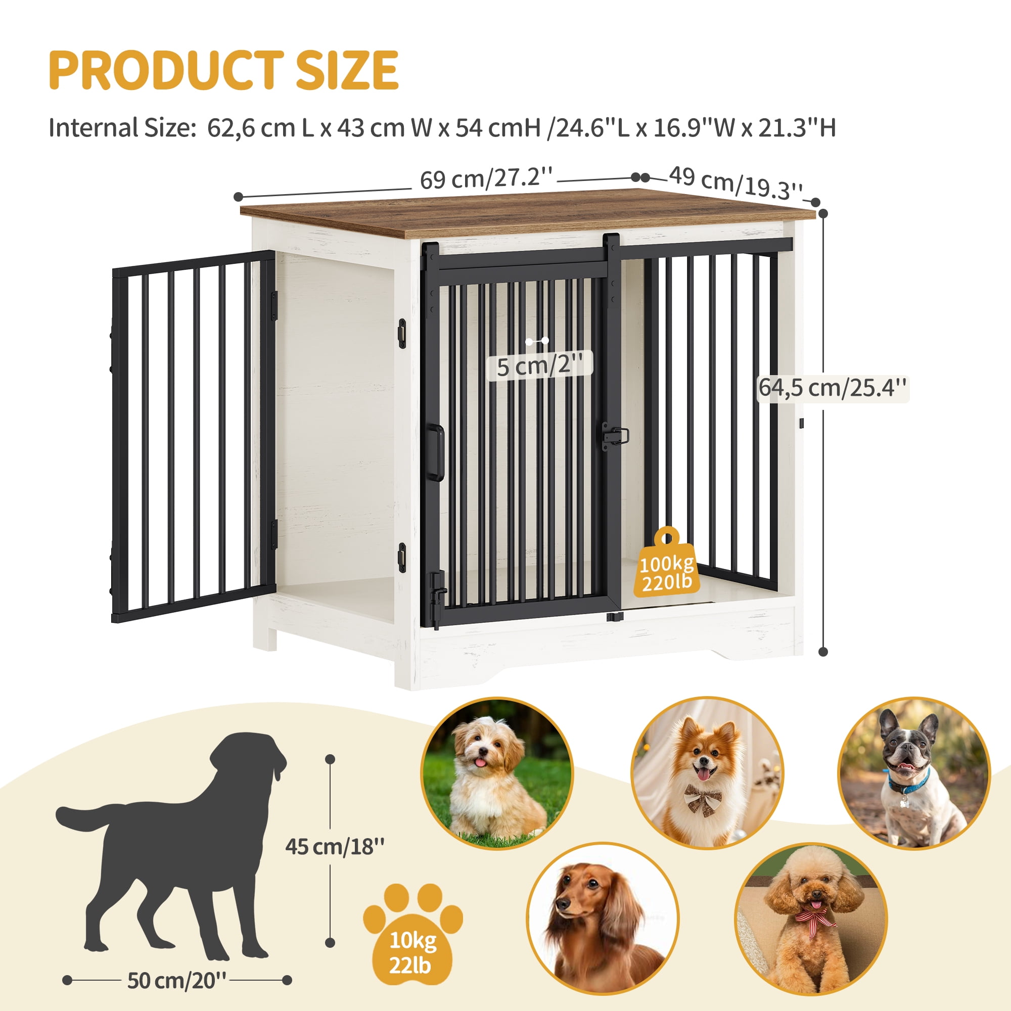 27.2"Dog Crate Furniture with Barn Door,Wooden Pet Cage End Table for Small Medium Dogs up to 22 lb