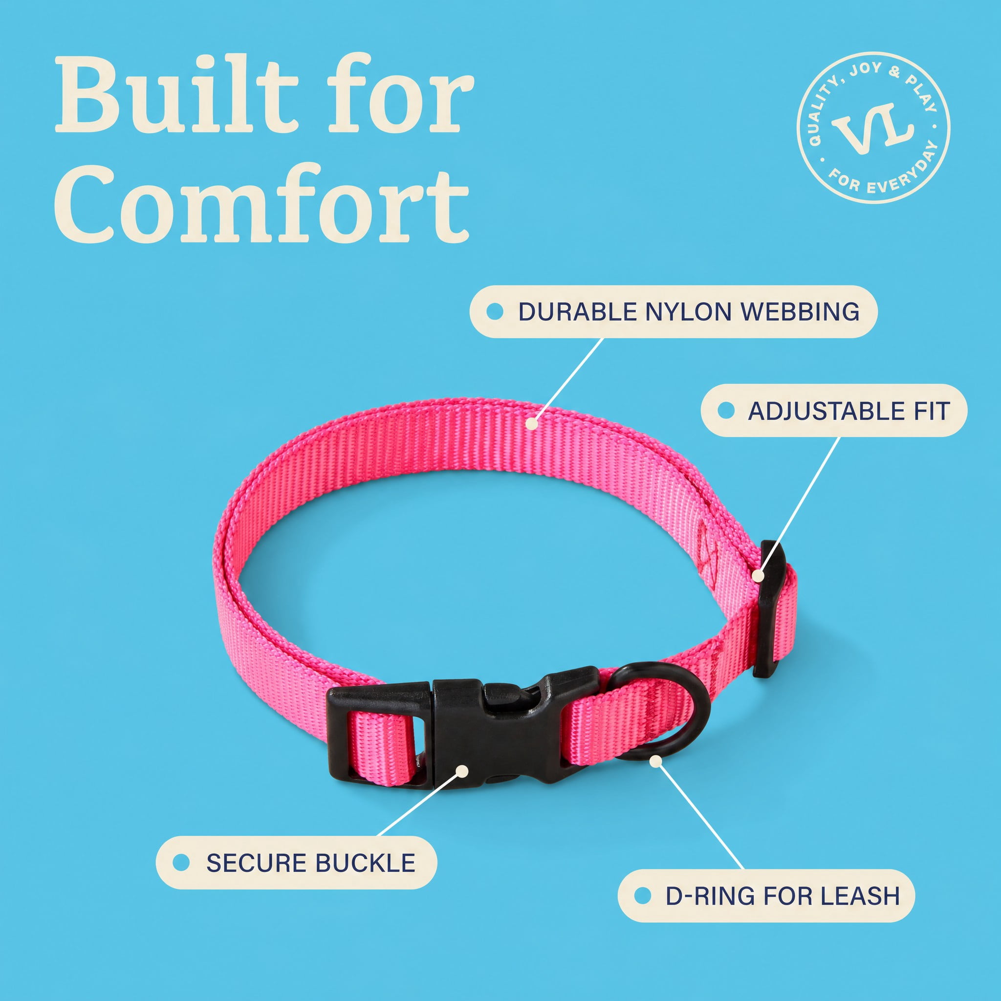 Vibrant Life Solid Polyester Adjustable Dog Collar, Pink, Medium