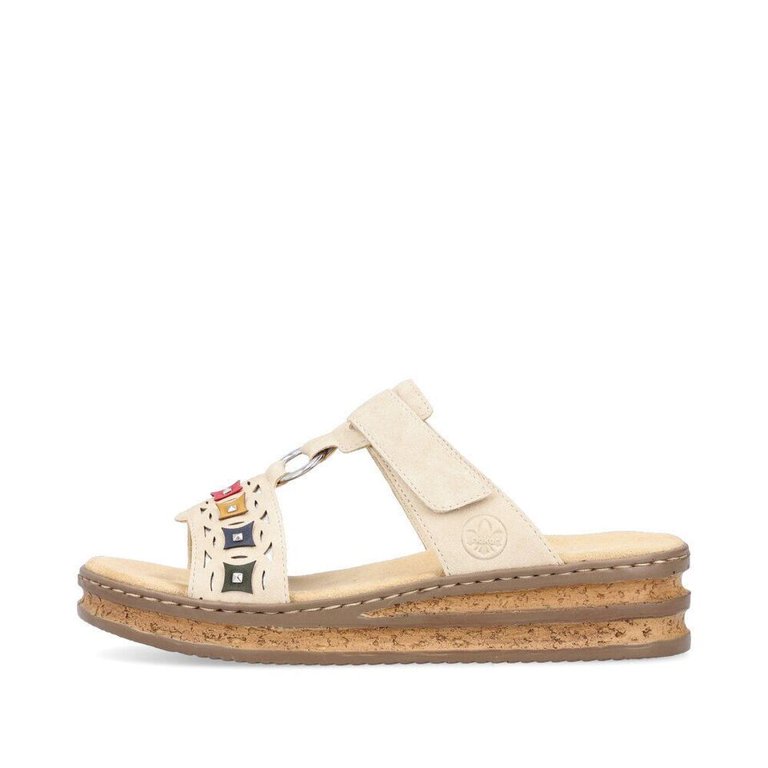 Rieker Women's Platform Sandal – Textile Upper, Wedge Heel, Velcro Strap, Beige Summer Sandals