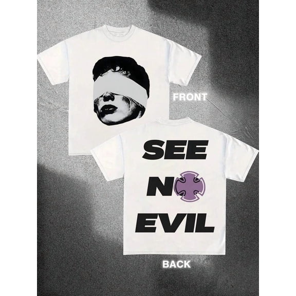 Pure Cotton T-Shirt) Men's Summer Round Neck Short Sleeved Casual Pure Cotton Print SEE NO EVIL