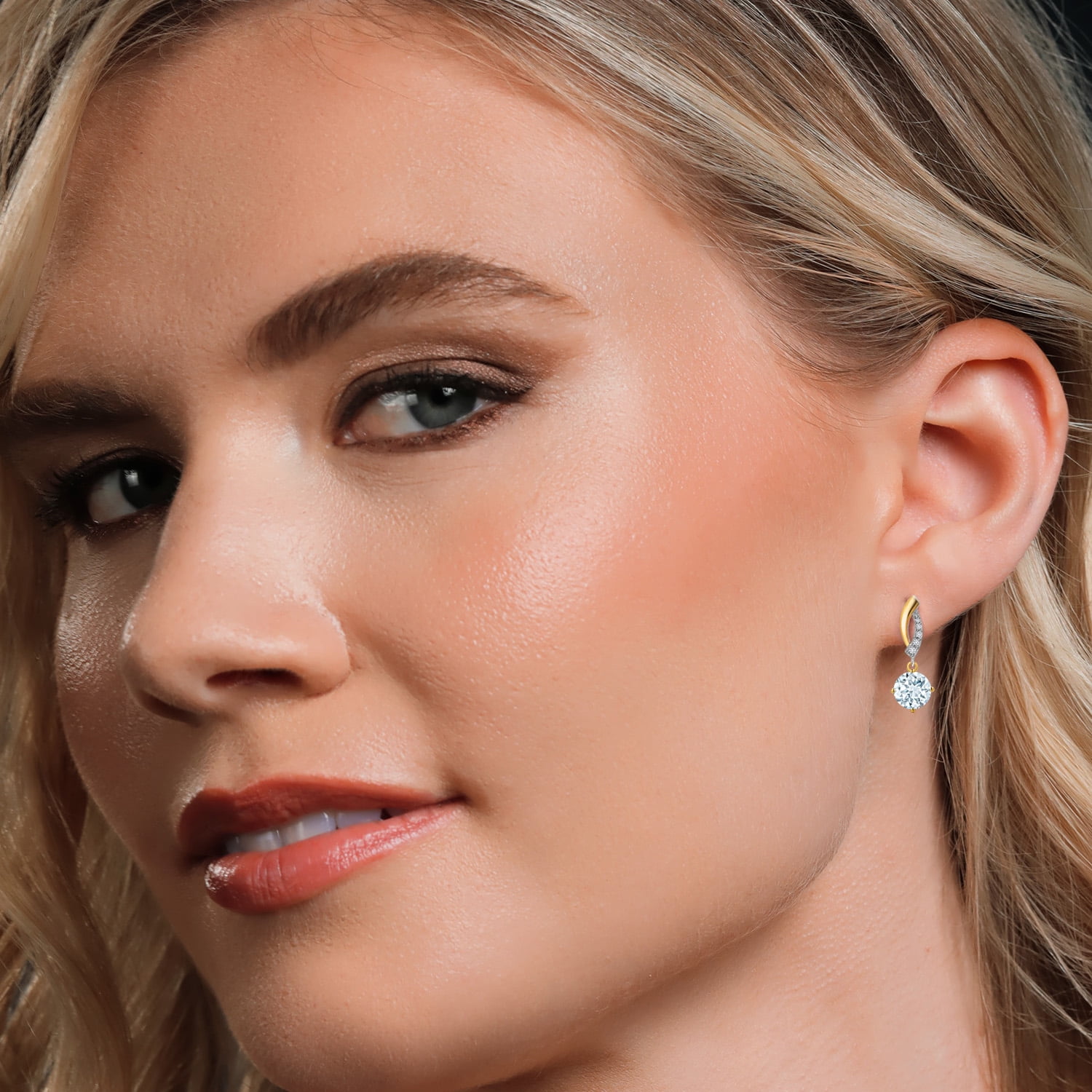 Gem Stone King 925 Silver and 10K Yellow Gold Sky Blue Aquamarine and White Lab Grown Diamond Dangle Earrings for Women | 1.55 Cttw | Gemstone March Birthstone | Round 6MM