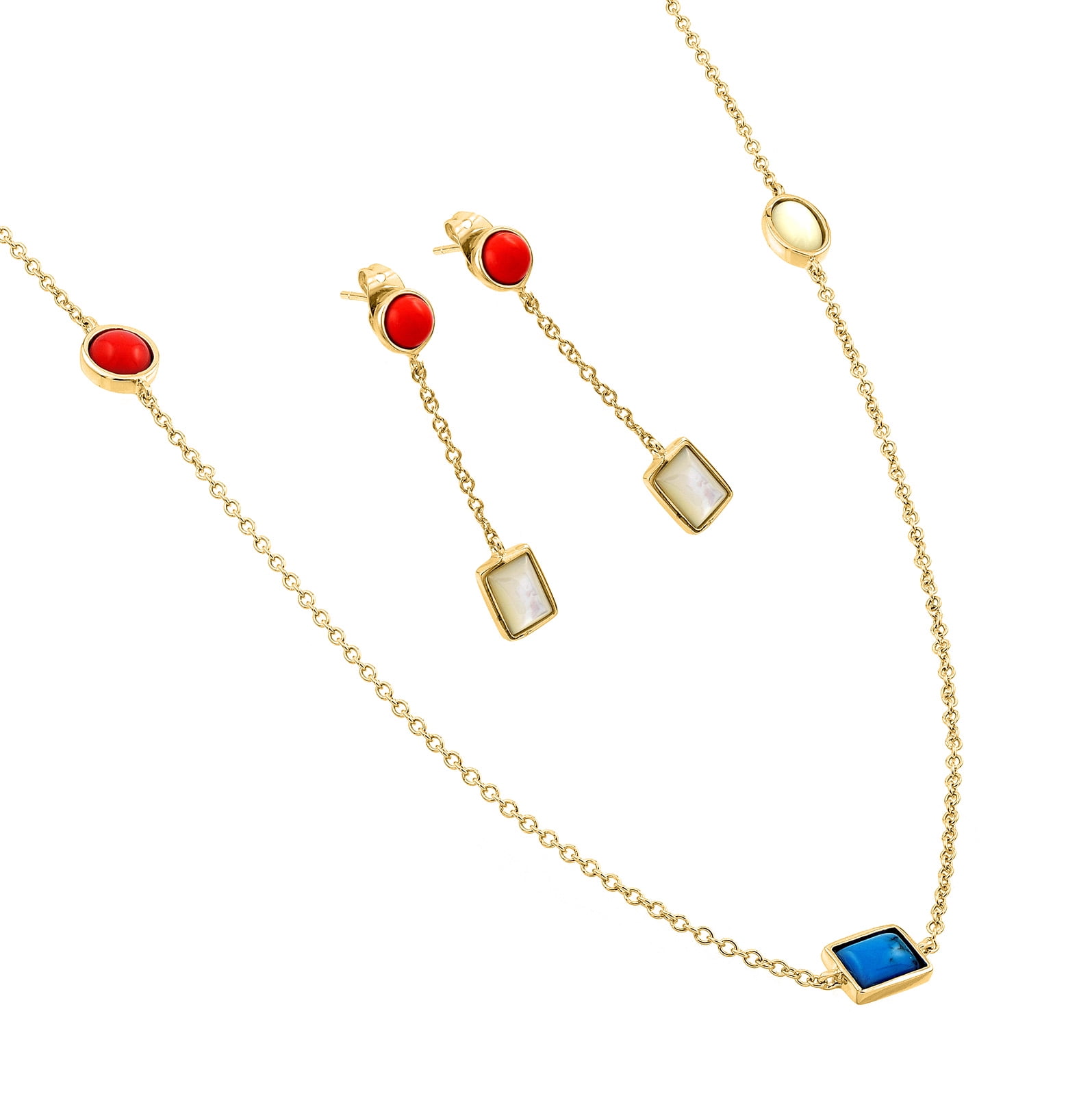 Sterling Silver Gold Plated Turquoise, Coral, White Abalone Shell Dangling Stud Earring & Necklace Set (Silver Palace) by DiamondBuy