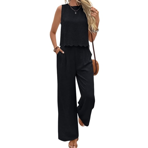 SWSMCLT Women's Billowy Matching Set Bow Casual Breathable Chic Crew Neck Pantsuit Business Casual Matching Outfit Black 18