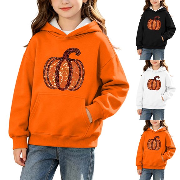 MKOSPLRT 3-14 Years Girls' Halloween Hoodie Kids Halloween Light Fleece Sweatshirts Spooky Season Graphic Pullover Tops with Pocket