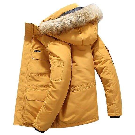 Male Winter Warm Casual Padded Jacket Thickened Mid Length Pocket Design Hooded Collar Padded Jacket