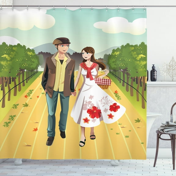 Boyfriend Shower Curtain, Illustration of a Joyful Young Couple Walking in a Vineyard in Spring Season, Fabric Bathroom Set with Hooks, 69W X 75L Inches Long, Multicolor, by Ambesonne