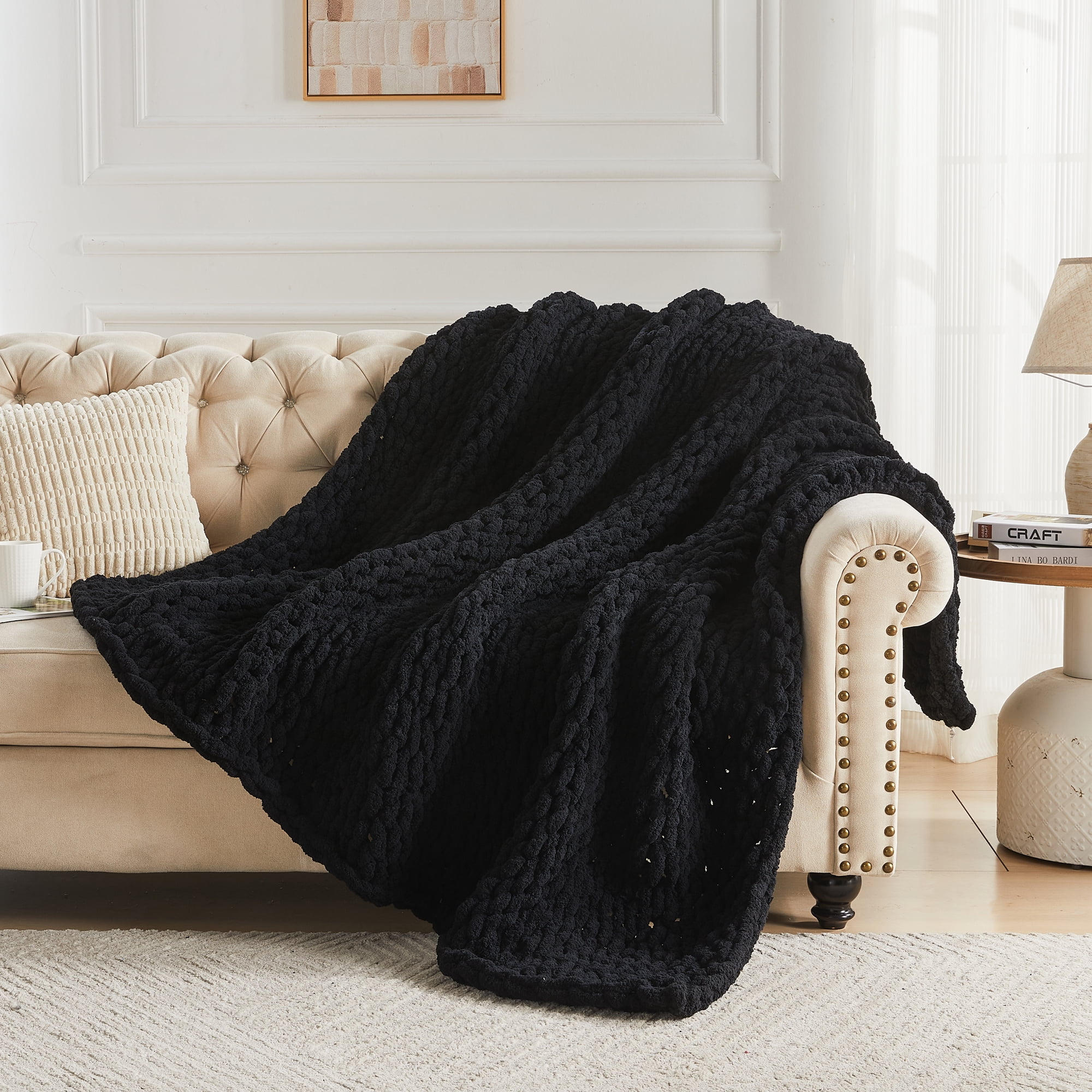 Carriediosa Chunky Knit Throw Blanket Handmade Soft Throws for Couch Sofa Bed, 50" x 60" Black