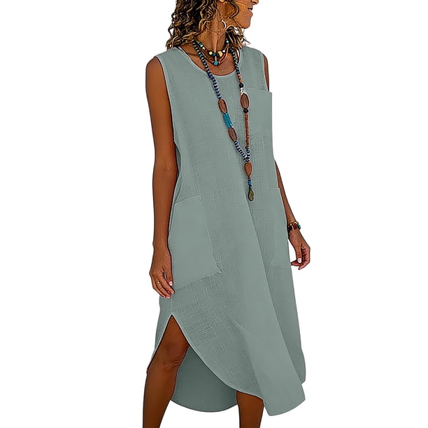 TaTaai Women Solid Color Sleeveless Turndown Collar Button Closure Cotton Linen Dress Casual Fashion Comfortable Long Dress for Summer Daily Vacation Gift