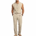thumbnail image 2 of Ceisia Men Lapel Sleeveless Button Down Shirt and Belted Straight Leg Pants 2 Piece Linen Outfit Khaki XL Gift, 2 of 8