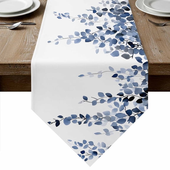 Navy Blue Eucalyptus Leaves Table Runner Linen Burlap Table Runner 90 Inches Long Summer Leaf Watercolor Dresser Scarves for Kitchen Island Coffee Dining Party Wedding Banquet Holiday Decor 13"x90"