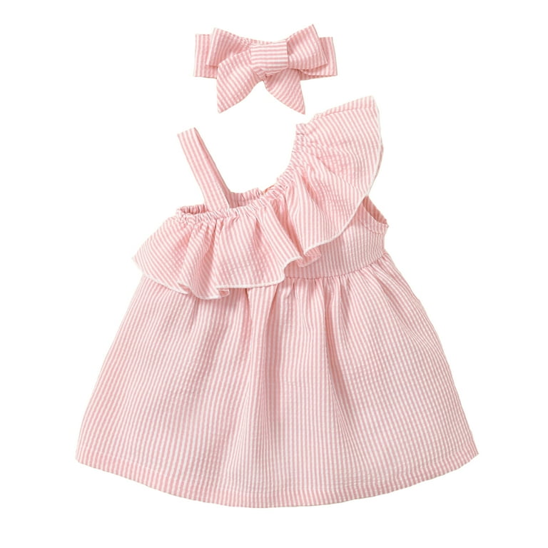9 Months Baby Girls Dress 12 Months Girls Sleeveless Dress One shoulder Stripe Dress Infant Girl Solid Color Pink Dress