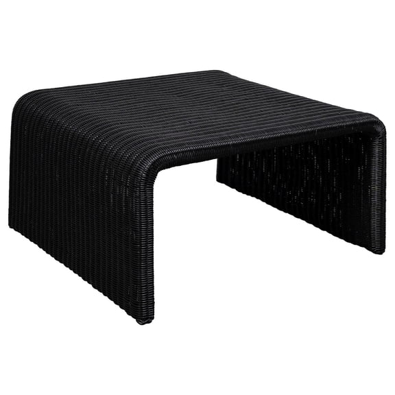 Gigi 36 Inch Coffee Table- Black Woven Rattan- Square Waterfall Edges