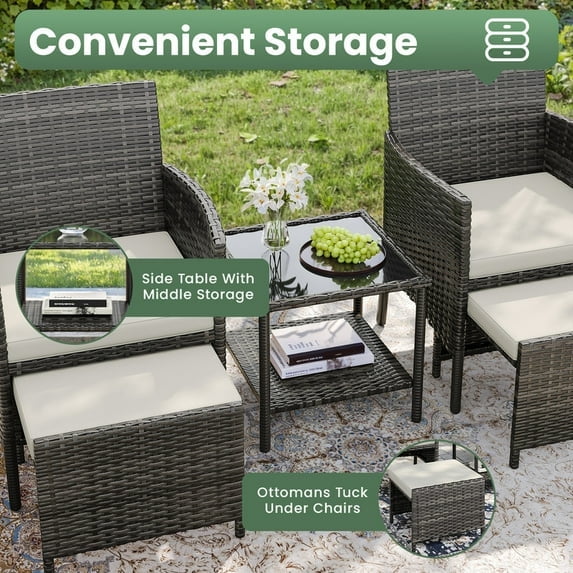 ELPOSUN 5-Piece Outdoor Rattan Patio Furniture Set, Conversation Chair with Side Table & Storage Ottoman for Small Balcony, Porch, Deck, Poolside, Black