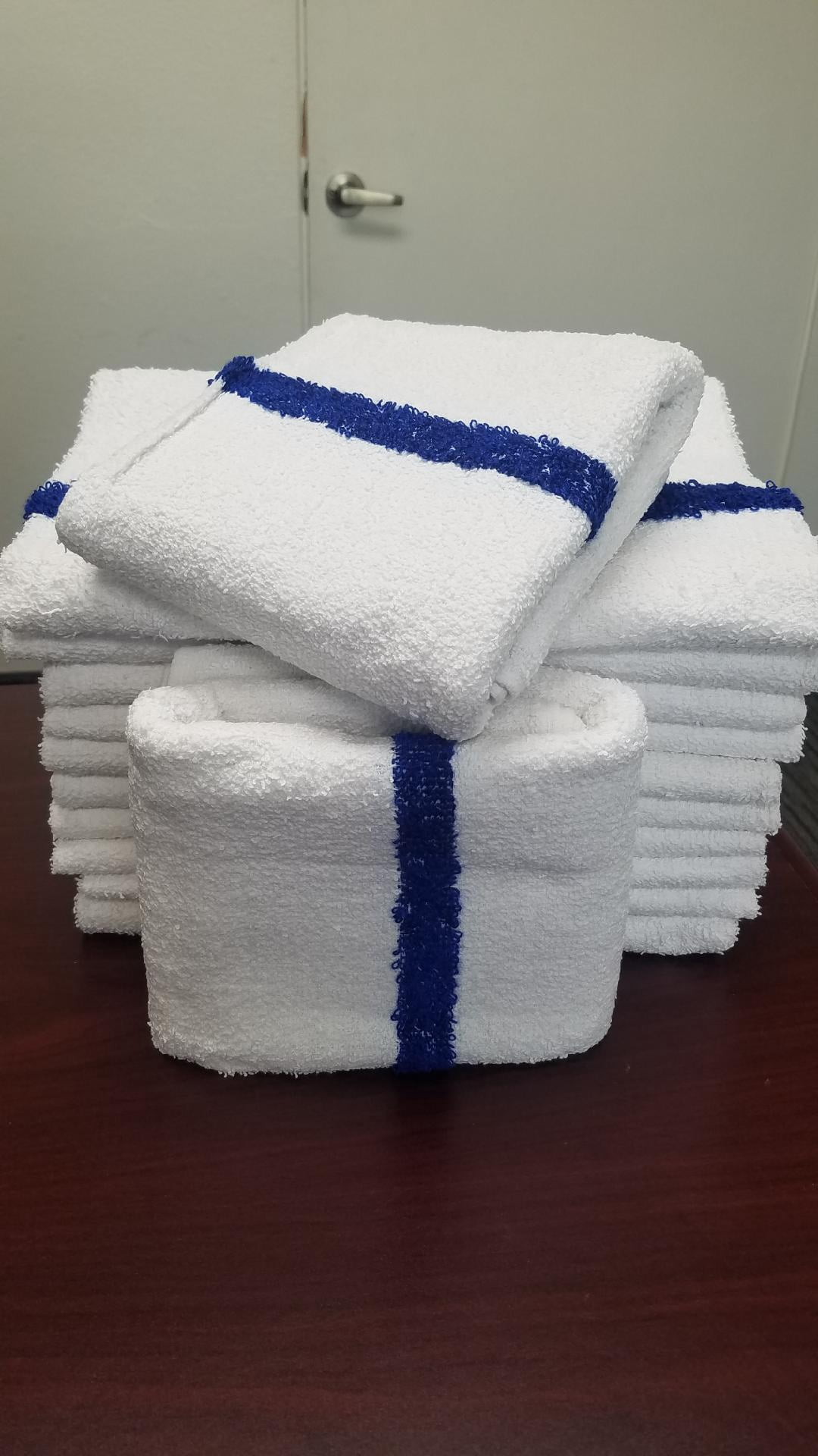 6 Large White Blue Center Stripe 24x48 Soft Bath Towels Perfect for Pool Gym Salon Hotel Motel Rental Room Soft Super Water Absorbent by Towels N More