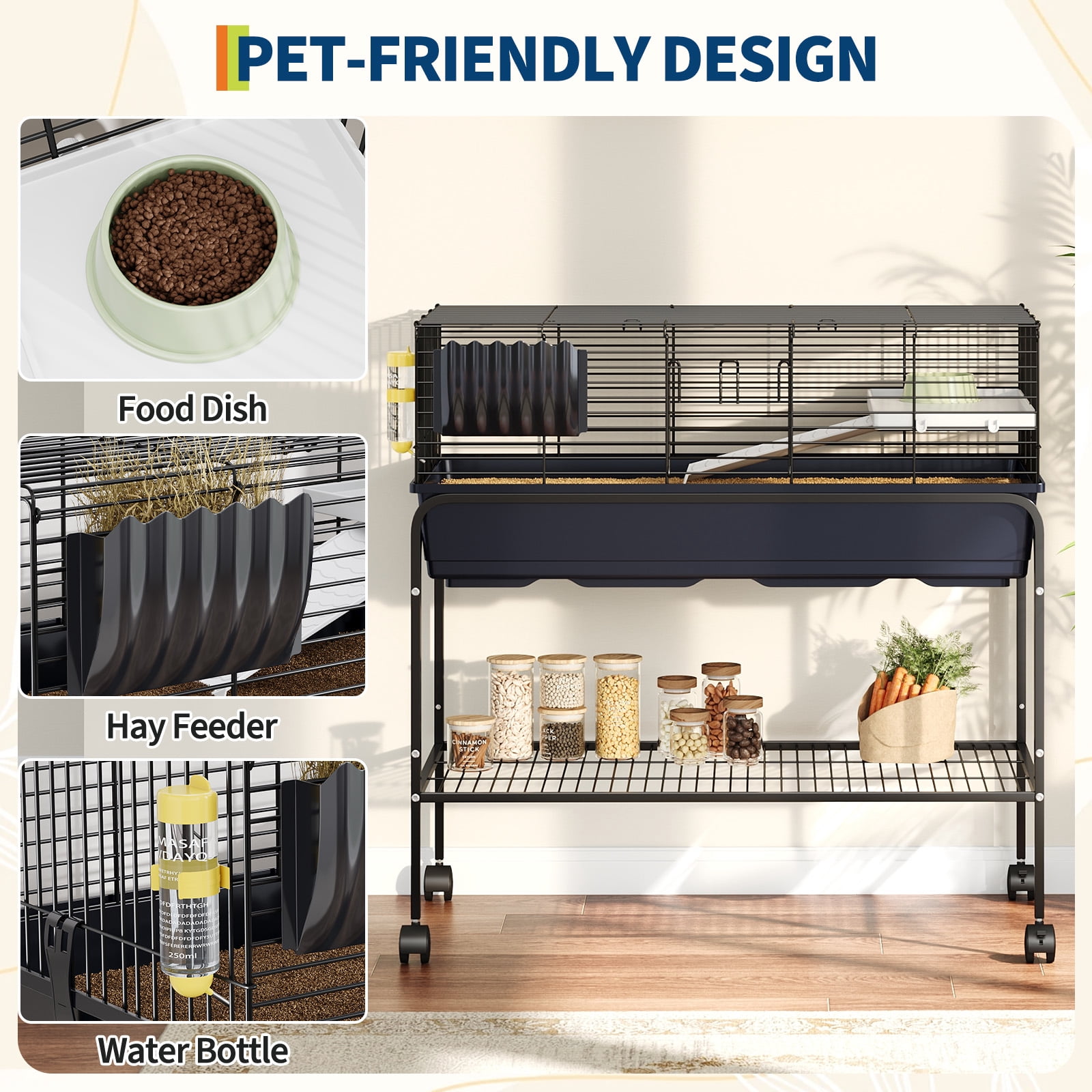 Small Animal Cage with Detachable Stand, Rolling Metal Rabbit Cage with Food Dish, Water Bottle, Hay Feeder, Platform & Ramp, Perfect for Guinea Pig, Hedgehog, Chinchilla, Ferret