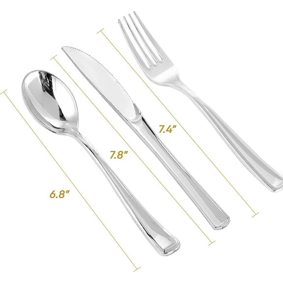TRA-300 Pack Silver Plastic Cutlery Set - 100 Forks, 100 Knives, 100 Spoons - Disposable Flatware Heavy Duty Plastic Silverware Set for Catering, Parties, Dinners, Weddings