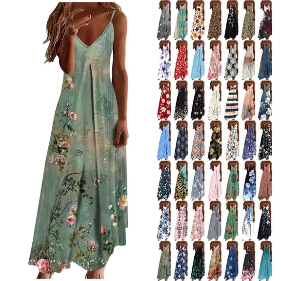 VBVC Women's Adjustable Strap Floral Maxi Dress,Ladies V Neck Sleeveless Dress with Pockets,Flowy A-Line Boho Sundress For Women,Multicolor,S-5XL