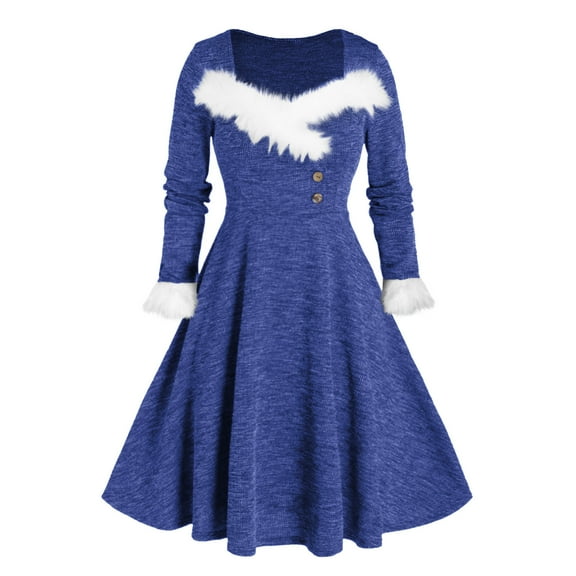 IROINNID Christmas Party Dresses for Women Solid Xmas Long Sleeve A-Line Dress Christmas Formal Cocktail Dress,Blue