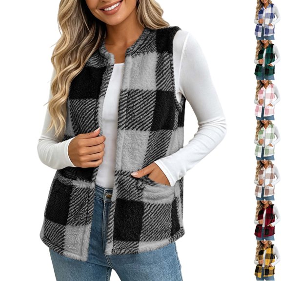Husipze Plaid Sherpa Fuzzy Vest for Women Open Front Layering Sleeveless Fleece Cardigan Comfortable Fit Soft Outerwear Black S