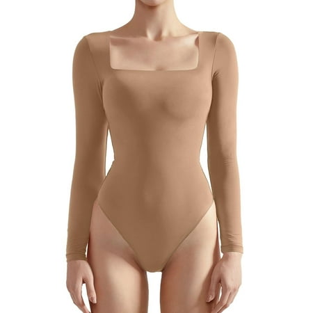 Women Long Sleeve Bodysuit Sexy Square Neck Thong Body Suit Shirts Top for Fall and Winter (White  S) T