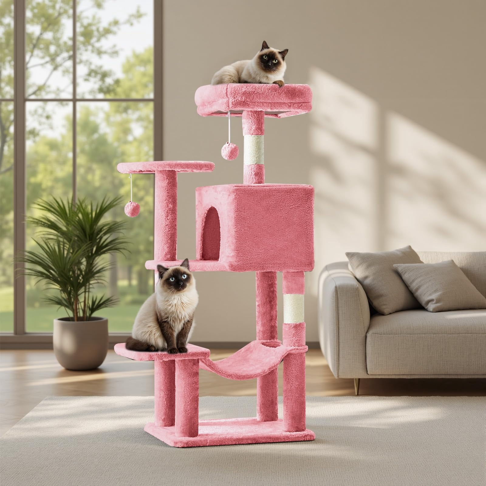 Kelno 44" Cat Tree Tower Durable Cat Climbing Tower with Sisal Scratching Posts Cozy Condo Hammock and Platforms, Pink