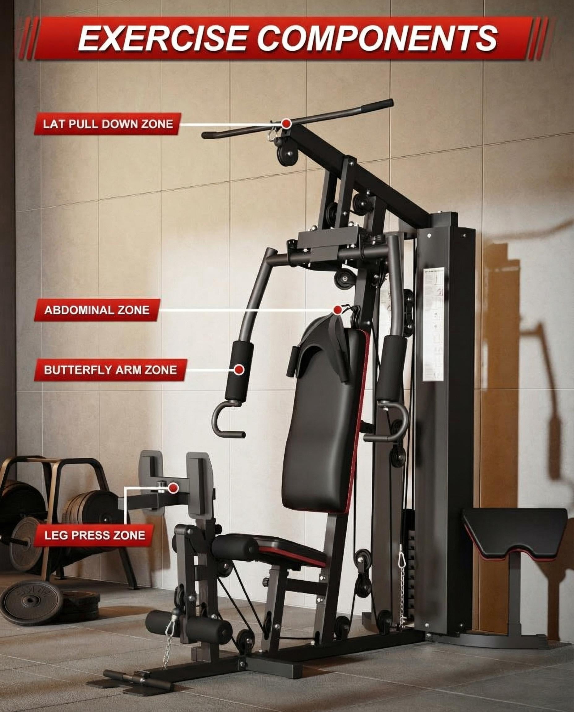 GARVEE Home Gym Station,Multifunctional Full Body Workout Machine with 150LBS Weight Stack,Preacher Curl Pad,Leg Developer for Strength Training,Black