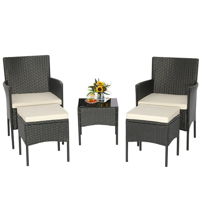 Gymax Ensemble de Conversation pour Patio en Rotin Osier d'Extérieur 5 Pcs avec 2 Ottomans