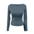 thumbnail image 4 of Ovticza Women's Boat Neck Tops Long Sleeve Shirts Casual Slim Fitted Tee Shirts Solid Color Fall Basic Clothes Dark Blue M, 4 of 6