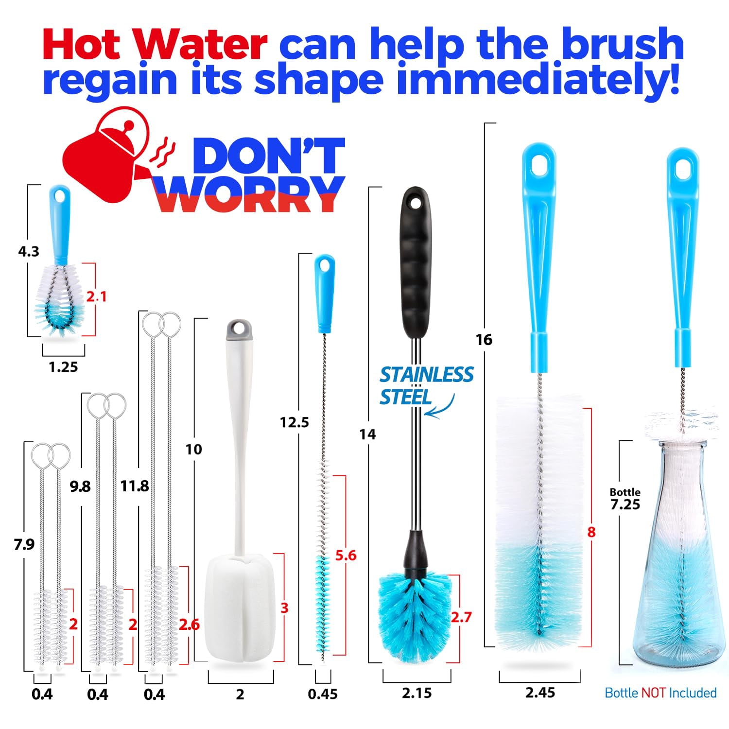 Bottle Brush Tube Cleaning Lab Set with Long Handle, Cup Cleaner for Washing Narrow Neck Beer Wine Decanter Pipes Lids Sinks Cap Covers,