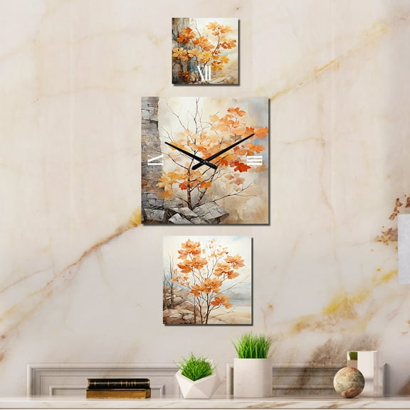 Designart "Peach Hued Maple Abstraction" Trees Oversized Wall Clock - Set Of 3 - Extra large Clock For Office Décor - Large Traditional Wall Clock