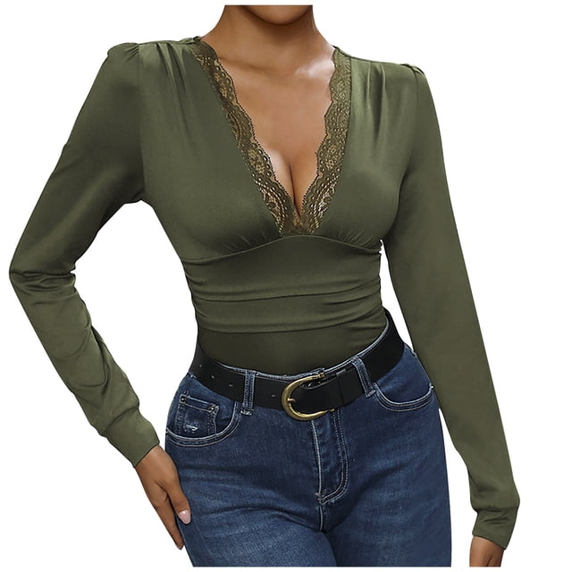 Mrat Ladies Lightweight Pants Mode Combinaison Courte en Lin à Manches Longues et Col en V pour Femmes, P-548 Vert Armée m