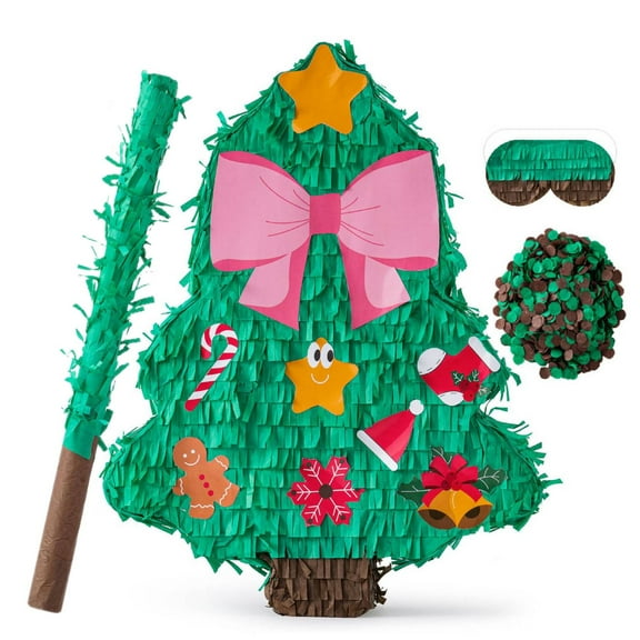 VINTS Christmas Tree Piñata 4-piece set,Christmas Decor Supply Green Tree Design with Blindfold,Stick and Confetti for Kids Festival Party Decor(12.6"×15.9×3.1")