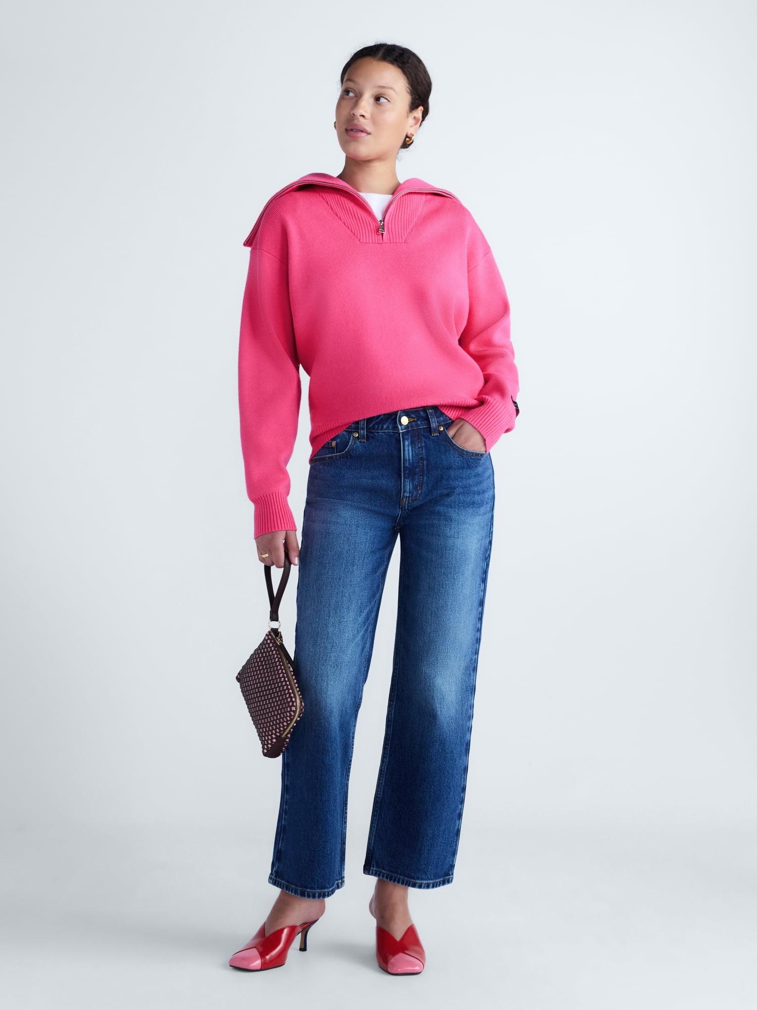 Free Assembly Women's and Women Plus Quarter-Zip Sweater, Midweight, Sizes XXS-4X