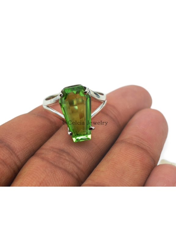 Peridot Coffin Shape Gemstone Silver Ring, Statement Ring, Beautiful Ring, Western Ring, Wedding Ring, Anniversary Gift For Mom, Women, Best August Birthstone Ring (peridot)