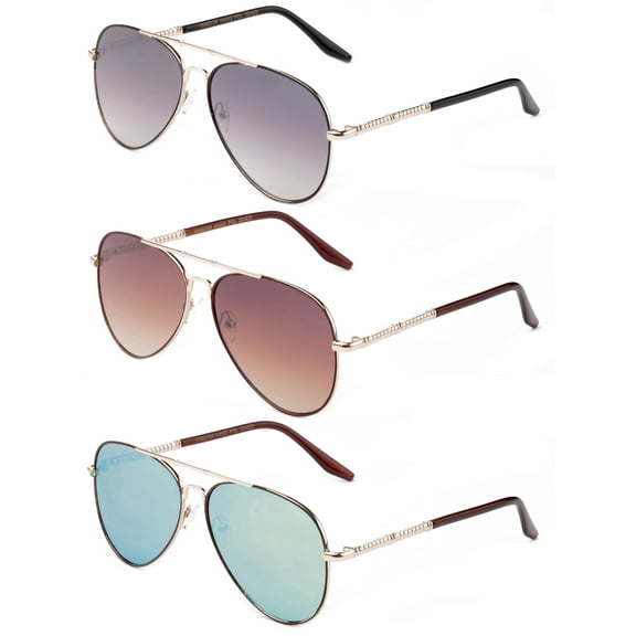 3 Pack Metal Rim Aviator Sunglasses for Men for Women, Black, Brown & Yelllow