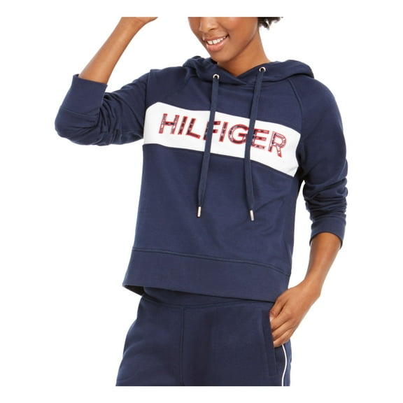 TOMMY HILFIGER Womens Navy Fleece Color Block Long Sleeve Hoodie Top Size: S