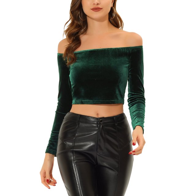 INSPIRE CHIC Women's Boat Neck Long Sleeve Off Shoulder Cropped Velvet Blouse S Dark Green