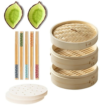 Milemduomar 10 inch Bamboo Steamer Basket Set with Chopsticks Ceramic Sauce Dishes Paper Liners,for Cooking