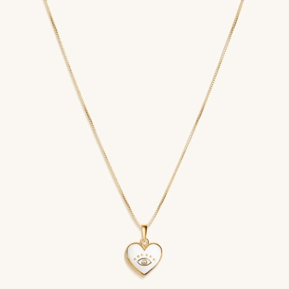 KARMA AND LUCK Evil Eye Heart Necklace with Diamond & White Enamel Pendant, 18K Gold Plated Chain, perfect Jewelry for Women, Good Luck Gift Gold Chain.