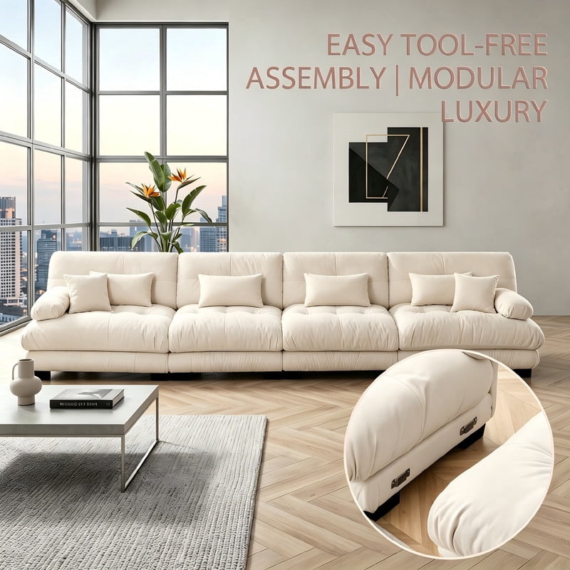 ANPPORT Cloud Couch Sleeper Sofa, Chenille Light Coffee 4-Seater Modular Sofa, 4 Lumbar pillows, 2 Pillows, Comfy Deep Seat Cloud Sofa, Convertible L-Shaped Floor Couch for Living Room