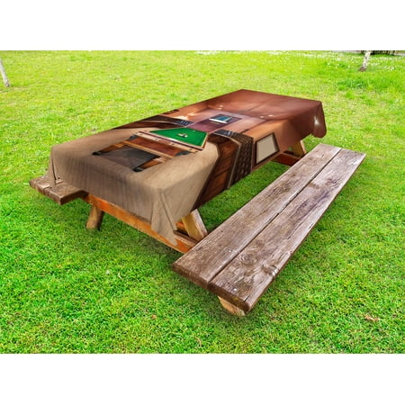 

Modern Outdoor Tablecloth Entertainment Room in Mansion Pool Table Billiard Lifestyle Photo Print Decorative Washable Fabric Picnic Tablecloth 58 X 120 Inches Cinnamon Brown Green by Ambesonne