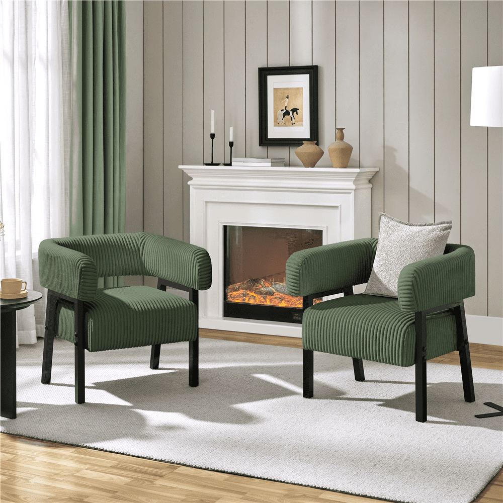 Renwick Corduroy Accent Chair with Solid Wood Legs for Living Room, Dark Green