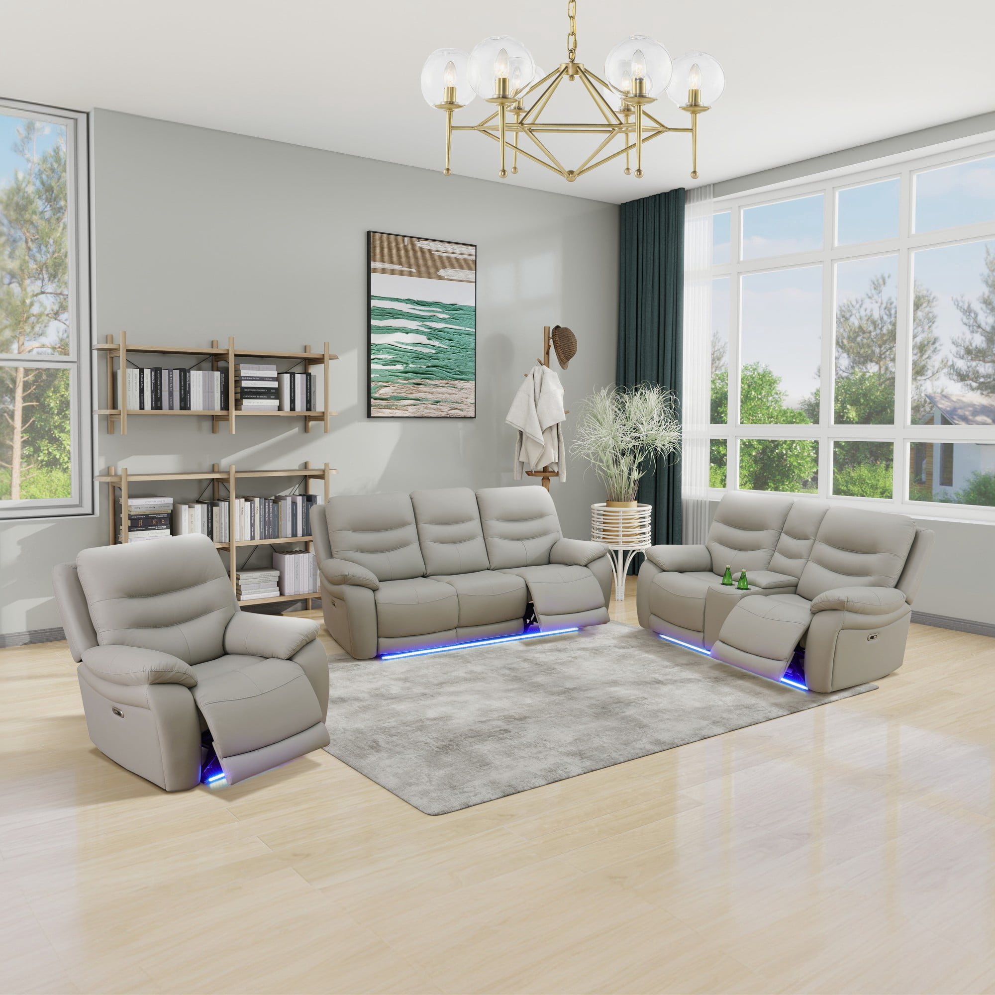 Gewnee 1+2+3 Power Recliner Sofa Set, Air Leather, Multifunctional Smart Reclining Sofa with USB Charging, Storage, Cup Holders, LED Ambient Light for Living Room,Light Gray