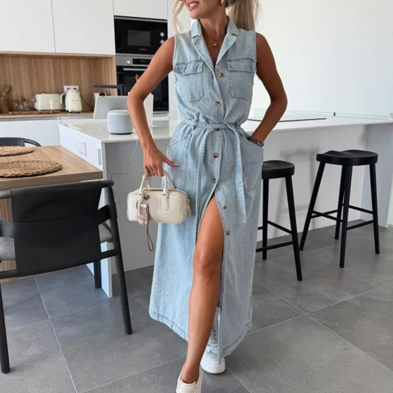 WTOBBY Women's Casual Denim Jean Sleeveless Waist Cinched Single Breasted  Long Dress with Front Pockets for Everyday Fashion and Urban Style,Light  Blue2XL - Walmart.com